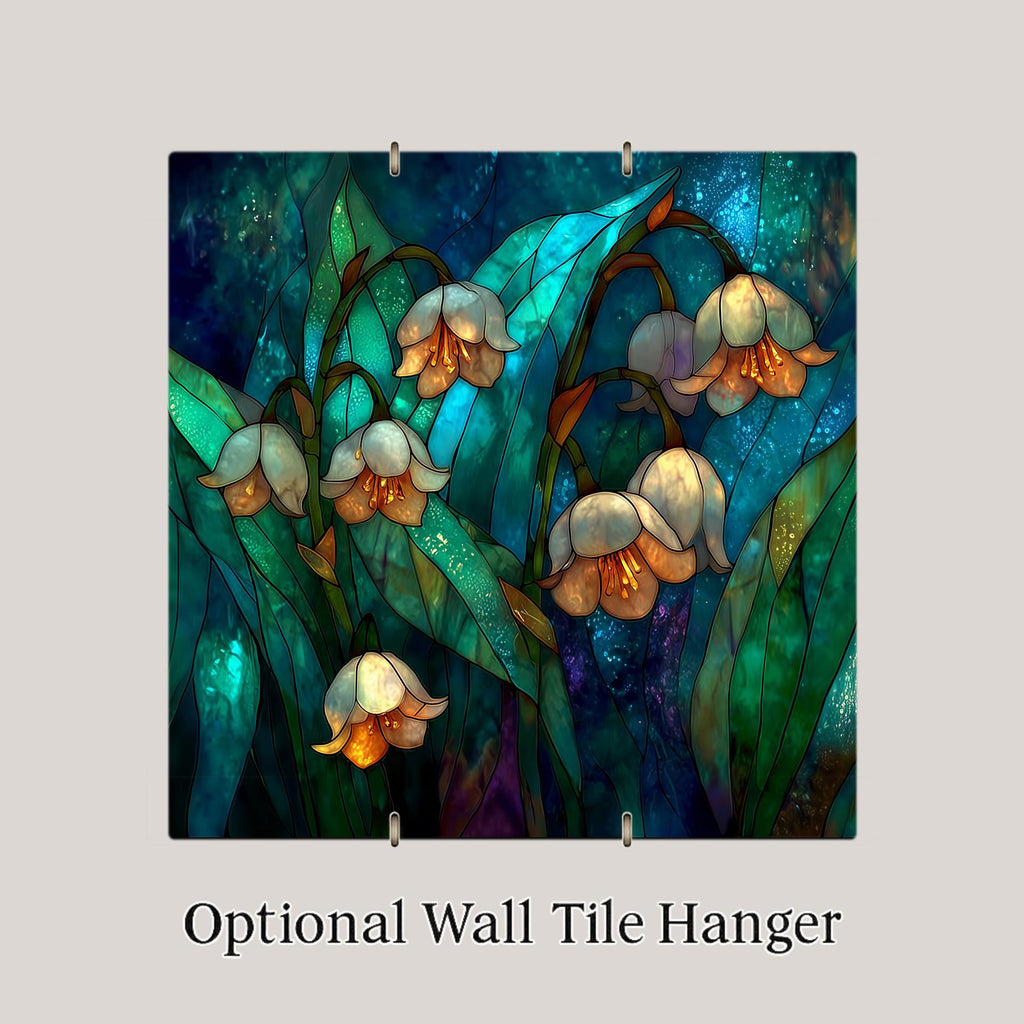 May Birth Flower Ceramic Tile Wall Art Lily of the Valley Stained Glass Style White Bells Spring Botanical Decor