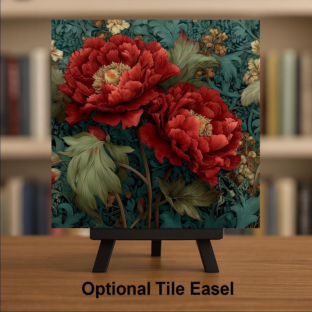 Peony Wall Art Ceramic Tile Art Nouveau Gift William Morris Style Botanical Floral Decor Peony Lover Nature Gift