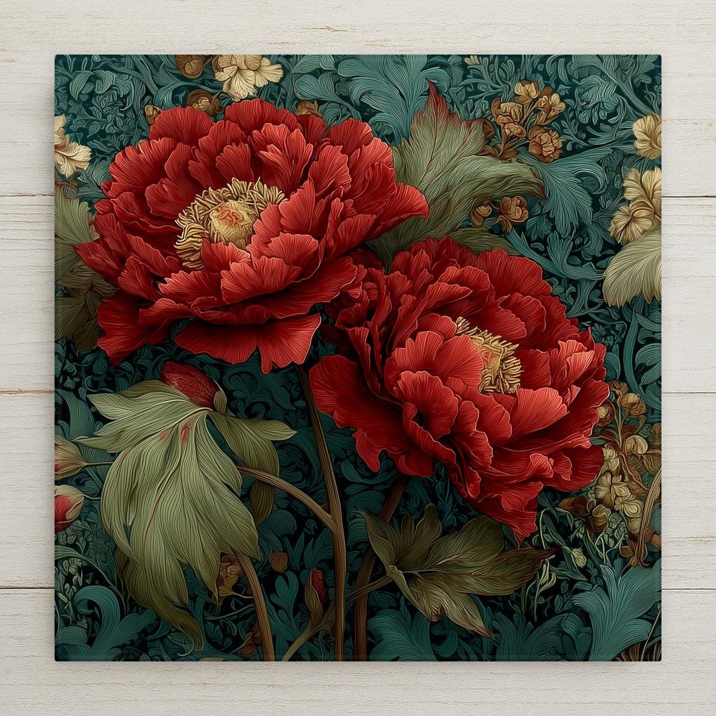 Peony ceramic tile wall art in Art Nouveau William Morris style showing ornate flowing botanical design with full peony blooms and intertwining stems in rich rose and sage green