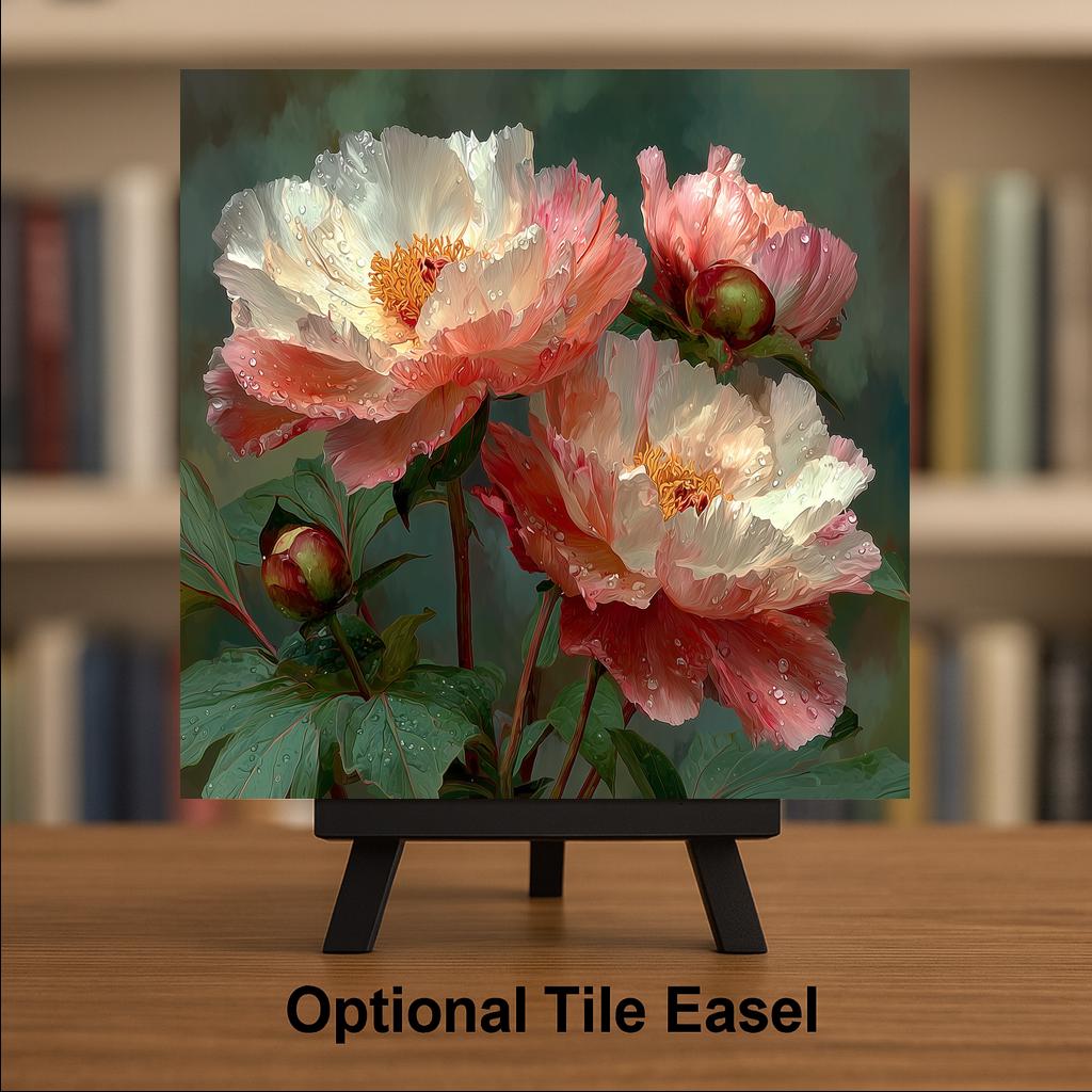 Peony Ceramic Tile Wall Art June Birth Flower Pink Cottage Garden Blooms Botanical Floral Nature Decor
