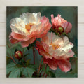Peony ceramic tile wall art showing full lush peony blooms in soft blush and rose in botanical illustration style with soft morning light and dew on petals