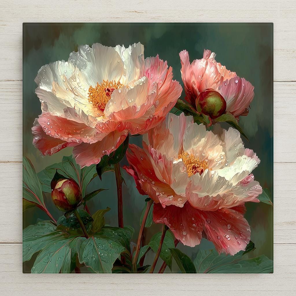 Peony ceramic tile wall art showing full lush peony blooms in soft blush and rose in botanical illustration style with soft morning light and dew on petals