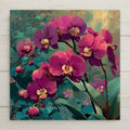 Orchid ceramic tile wall art showing vibrant tropical orchid blooms in lush botanical illustration style with deep pink and purple flowers against tropical green foliage