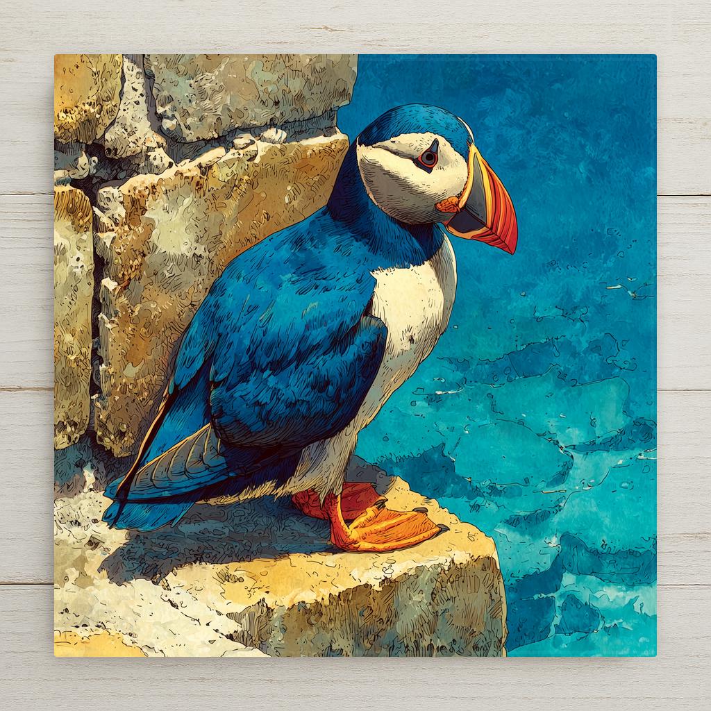 Atlantic puffin ceramic tile wall art showing colorful puffin with distinctive orange beak and black and white plumage perched on rocky coastal cliff with blue ocean below