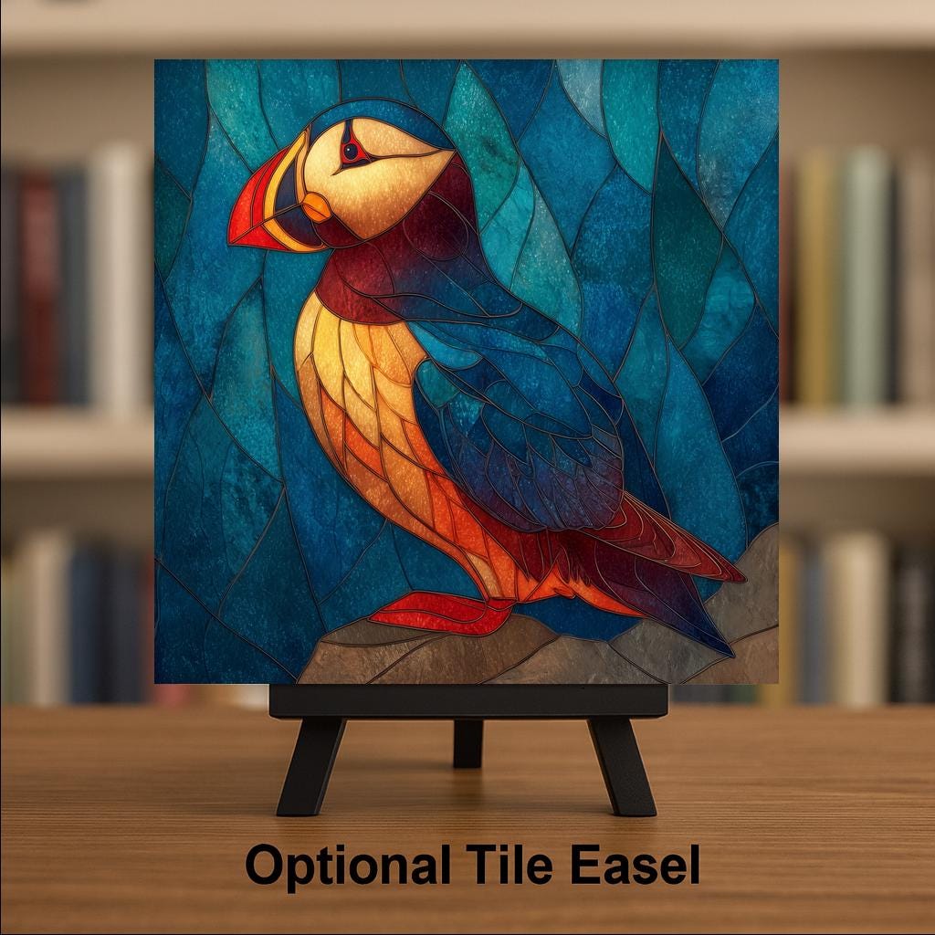 Puffin Wall Art Ceramic Tile Stained Glass Style Coastal Gift Ocean Bird Decor Birdwatcher Nature Art Gift
