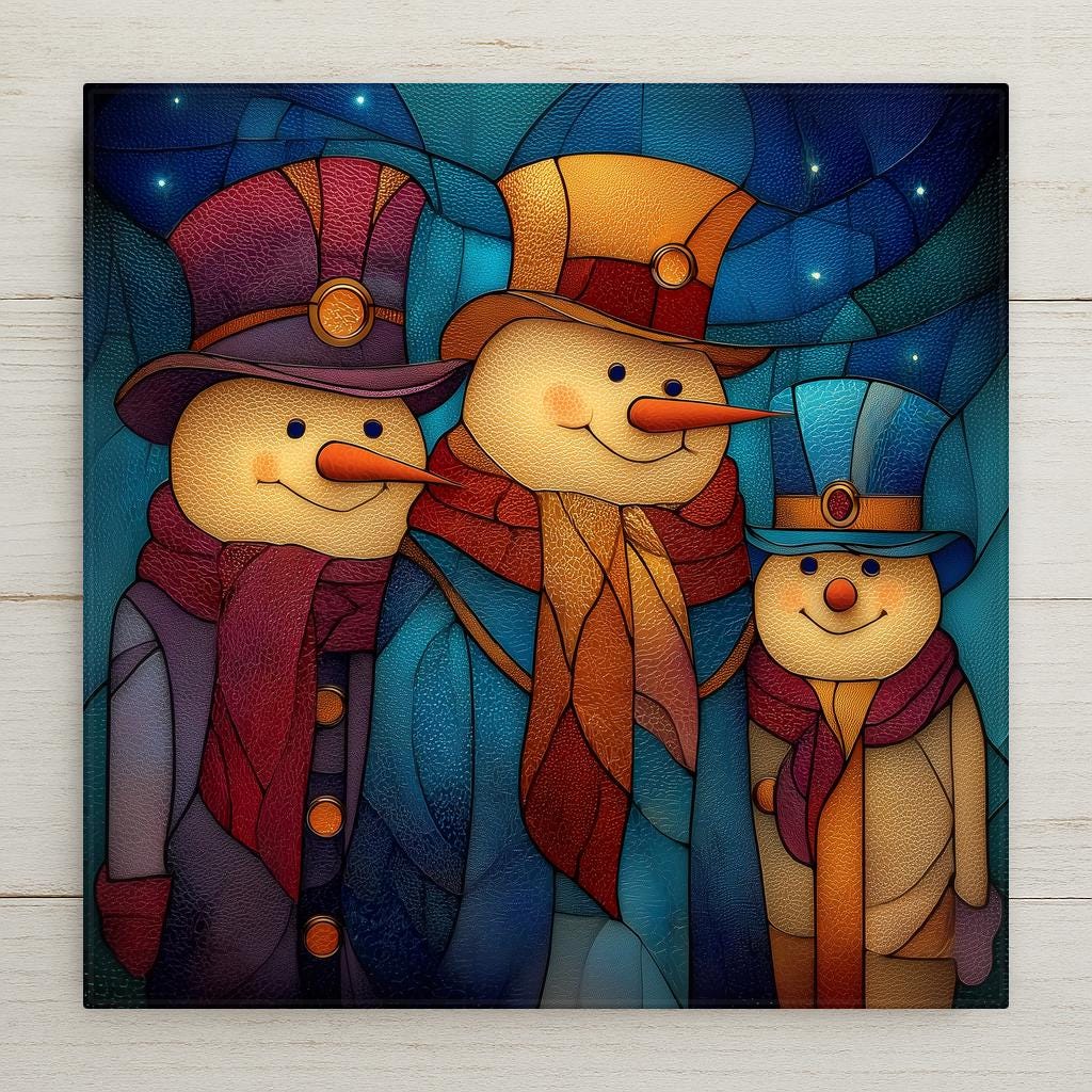 Ceramic art tile depicting a family of three snowmen in decreasing height with colorful scarves and top hats, rendered in jewel-tone stained glass style against a starry winter night sky with falling snow