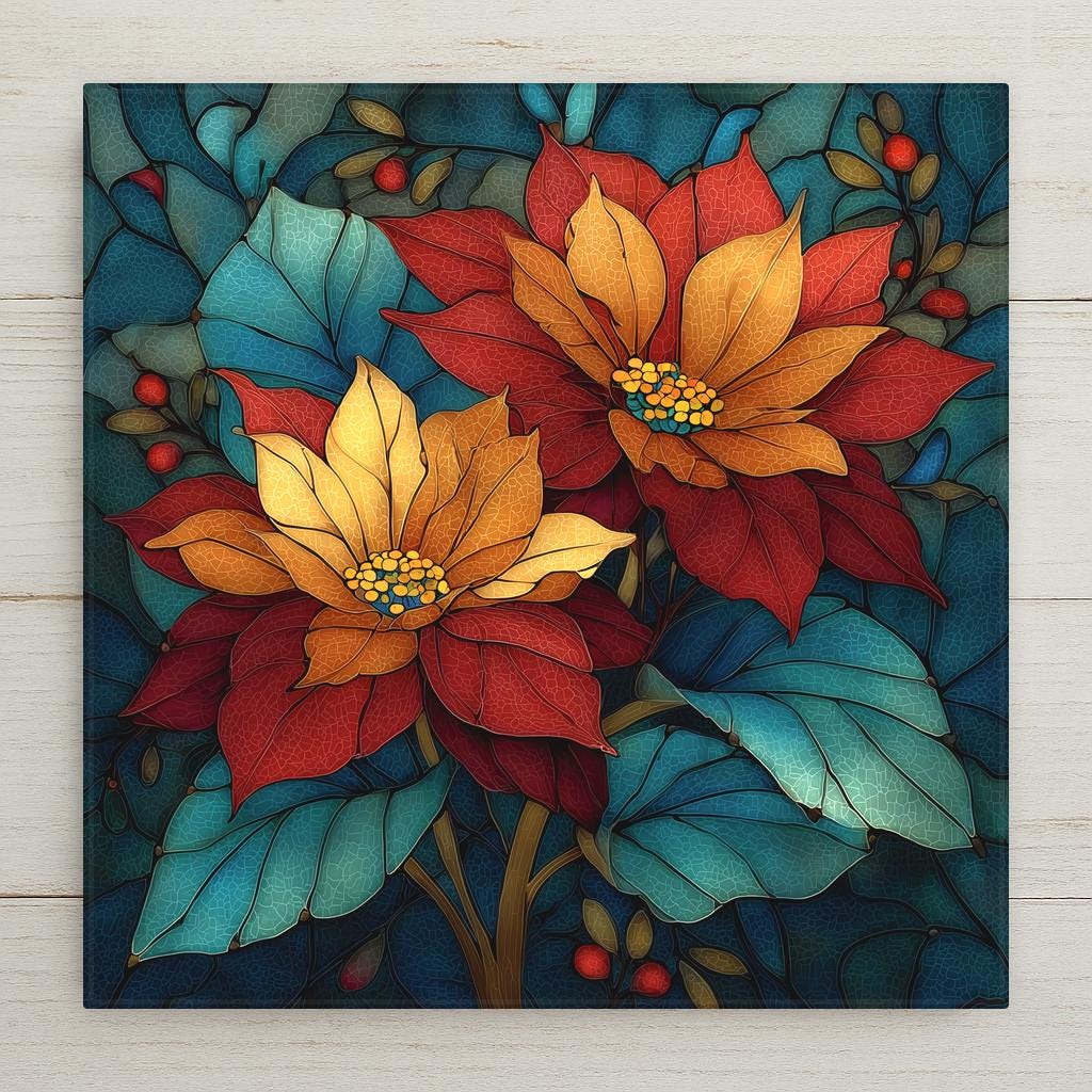 Ceramic art tile featuring a lush poinsettia plant with deep crimson red bracts and golden yellow center flowers in jewel-tone stained glass style with rich saturated holiday colors