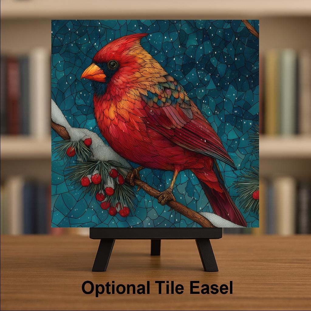 Cardinal in Snow Wall Art Ceramic Tile Stained Glass Style Christmas Bird Lover Gift Memorial Decor Art