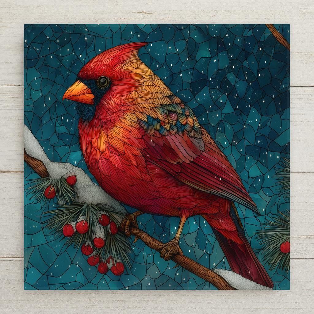 Ceramic art tile depicting a brilliant red male cardinal perched on a snow-covered pine branch with red berries, rendered in jewel-tone stained glass style against a deep blue winter sky with falling snowflakes