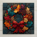 Ceramic art tile depicting a lush Christmas wreath of holly leaves, pine cones, red berries and pine branches tied with a wide red bow, rendered in jewel-tone stained glass style against a dark background