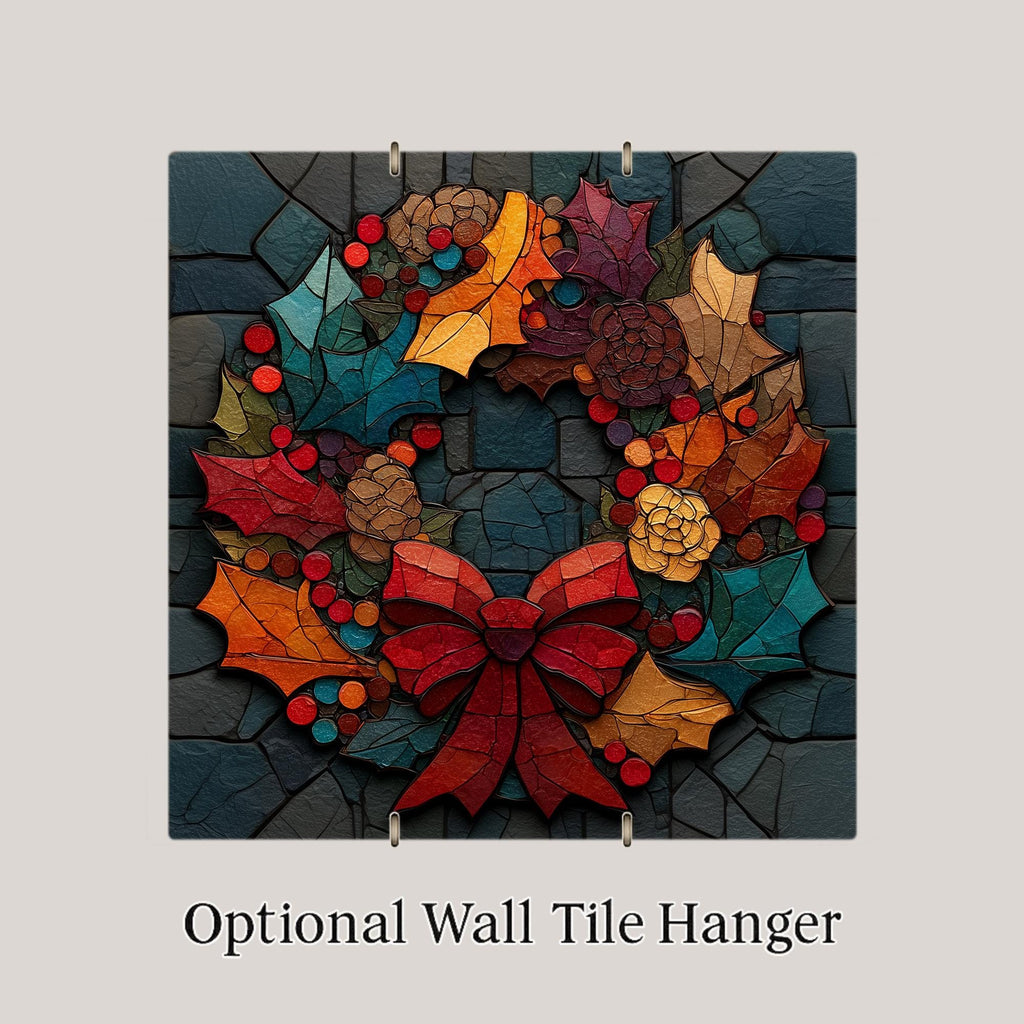 Christmas Wreath Wall Art Ceramic Tile Stained Glass Style Holiday Gift Holly Berry Winter Decor Art