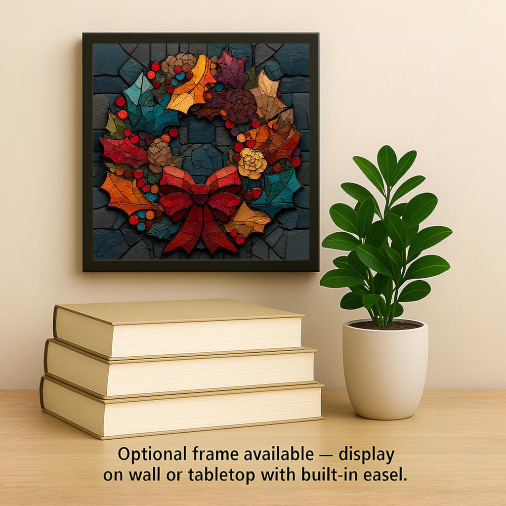 Christmas Wreath Wall Art Ceramic Tile Stained Glass Style Holiday Gift Holly Berry Winter Decor Art