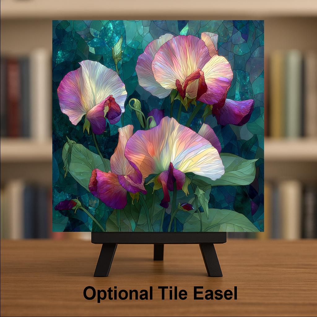Sweet Pea Ceramic Tile Wall Art Stained Glass Style April Birth Flower Pastel Blossoms Botanical Spring Decor