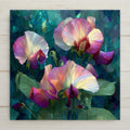 Sweet pea ceramic tile wall art in stained glass style showing delicate ruffled sweet pea blooms in jewel tones of lavender pink and white with luminous lead line segmentation on climbing tendrils