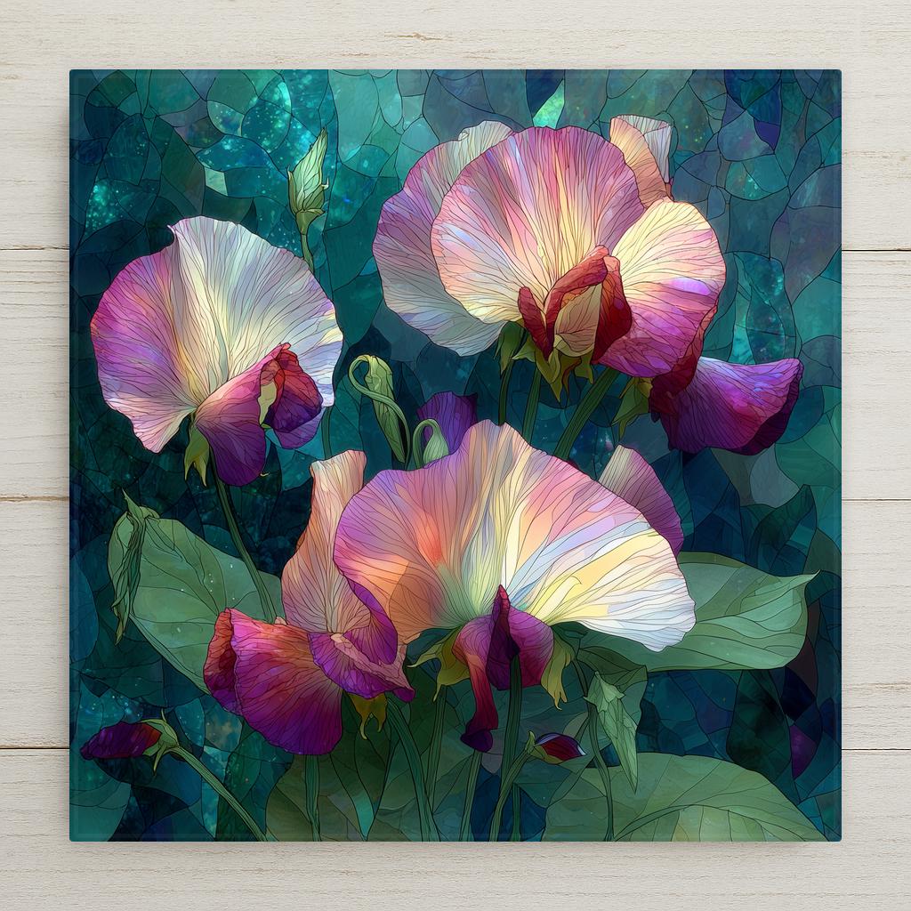 Sweet pea ceramic tile wall art in stained glass style showing delicate ruffled sweet pea blooms in jewel tones of lavender pink and white with luminous lead line segmentation on climbing tendrils