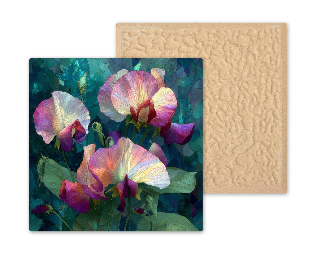 Sweet Pea Ceramic Tile Wall Art Stained Glass Style April Birth Flower Pastel Blossoms Botanical Spring Decor