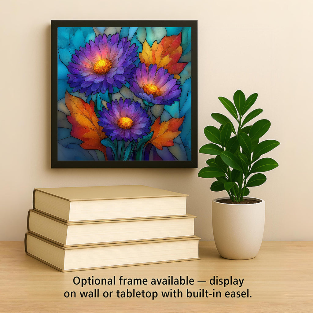 Aster Ceramic Tile Wall Art Stained Glass Style September Birth Flower Purple Autumn Blooms Botanical Decor