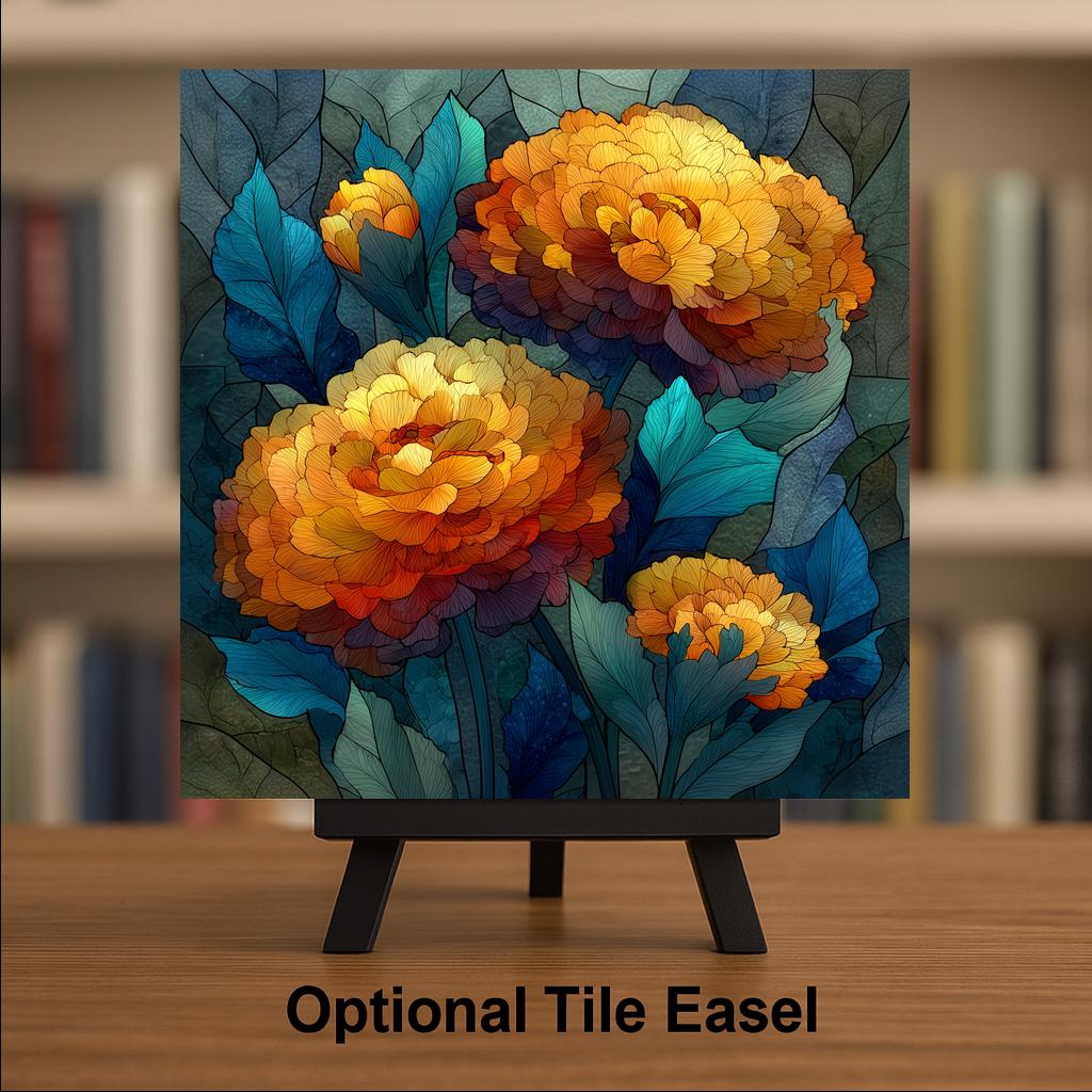 Marigold Ceramic Tile Wall Art Stained Glass Style October Birth Flower Golden Autumn Blooms Botanical Decor
