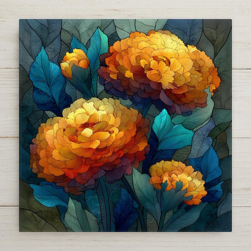 Marigold ceramic tile wall art in stained glass style showing rich marigold blooms in jewel tones of deep gold amber and orange with luminous lead line segmentation against deep autumn sky