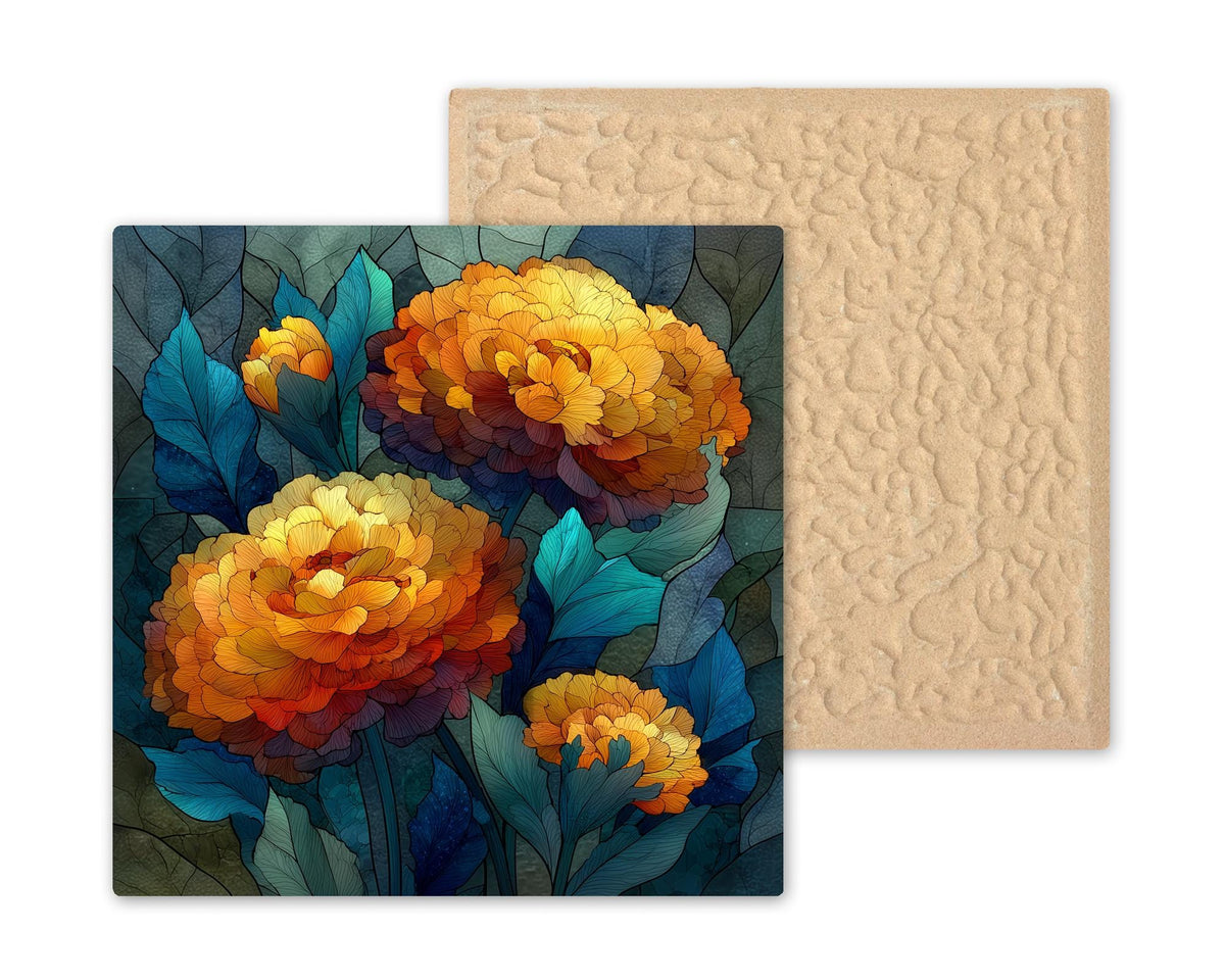 Marigold Ceramic Tile Wall Art Stained Glass Style October Birth Flower Golden Autumn Blooms Botanical Decor