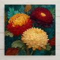 Chrysanthemum ceramic tile wall art in stained glass style showing full round chrysanthemum blooms with many layered petals in jewel tones of deep gold burgundy and bronze with luminous lead lines