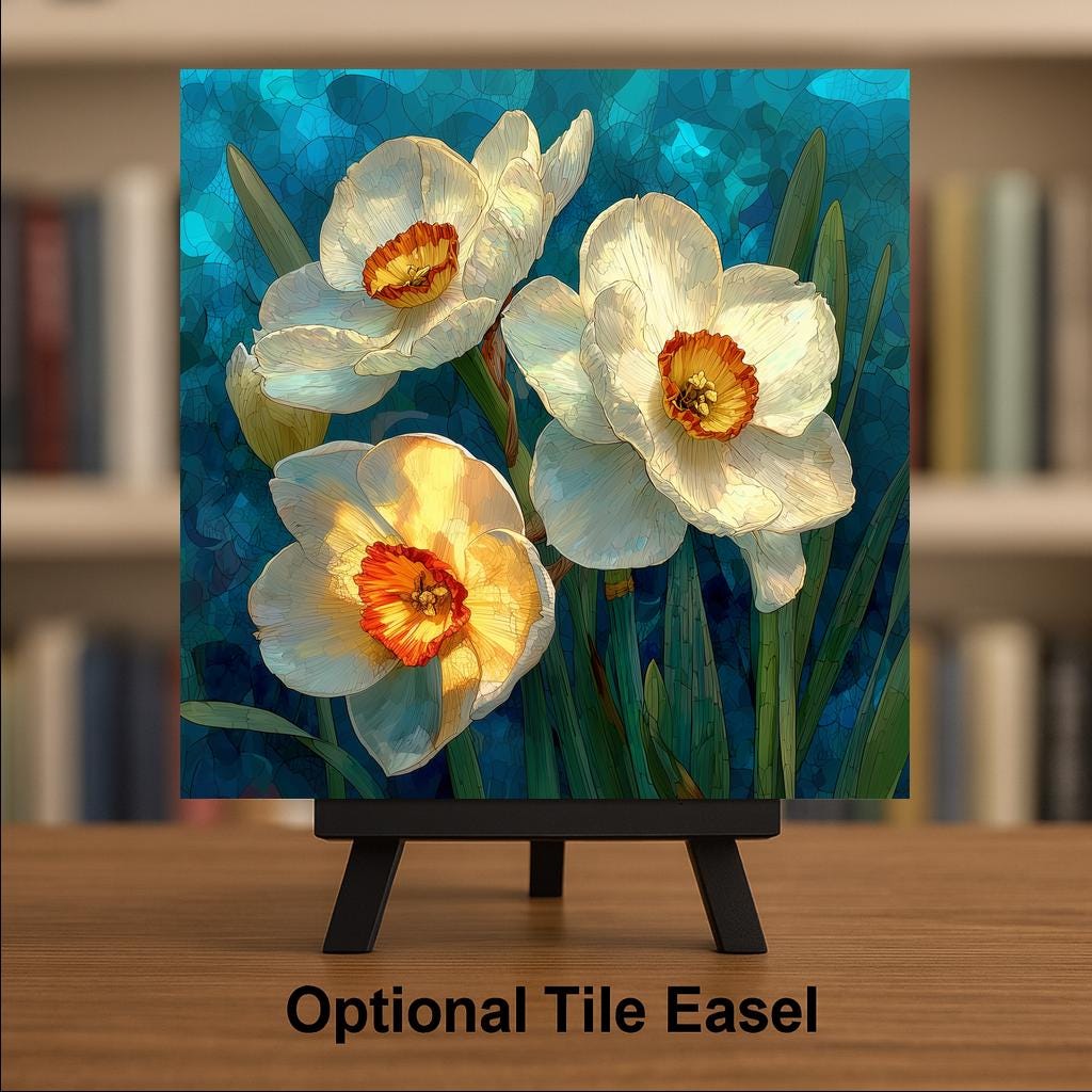 Narcissus Wall Art Ceramic Tile December Birthday Gift Birth Month Flower Stained Glass Style Botanical Art