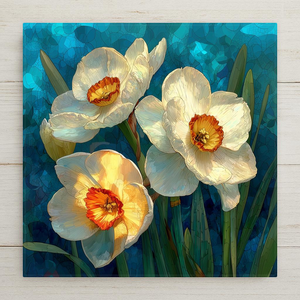 Narcissus ceramic tile wall art in stained glass style showing white narcissus blooms with gold centers on arching stems in jewel tones of cream white and gold with luminous lead line segmentation