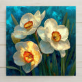 Narcissus ceramic tile wall art in stained glass style showing white narcissus blooms with gold centers on arching stems in jewel tones of cream white and gold with luminous lead line segmentation