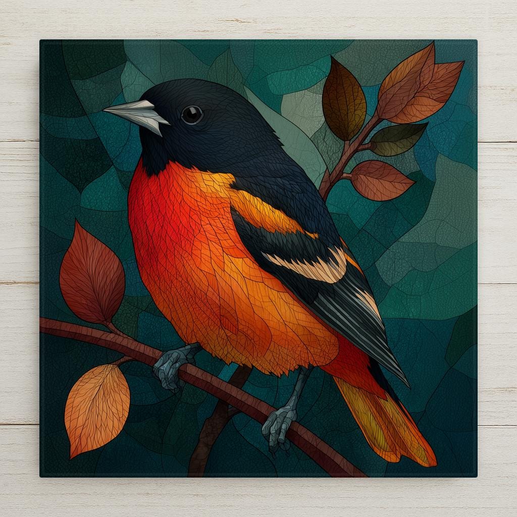 Baltimore oriole ceramic tile wall art in stained glass style showing vivid orange and black male oriole in jewel tones with luminous lead line segmentation against deep green foliage