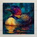Common loon ceramic tile wall art in stained glass style showing elegant black and white checkered loon on dark lake water with jewel tones and luminous lead line segmentation