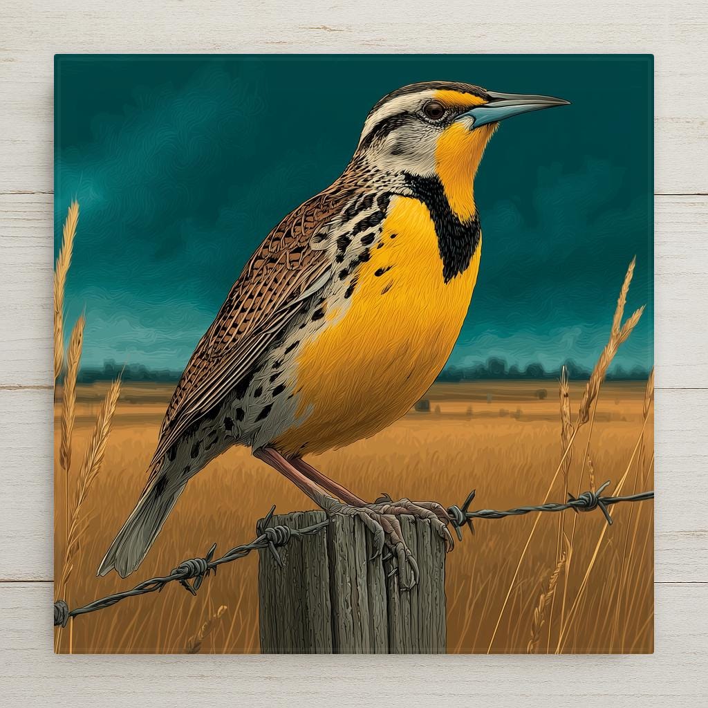 Western meadowlark ceramic tile wall art showing bright yellow-breasted meadowlark with black V marking perched on fence post against open prairie sky