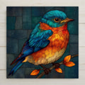 Eastern bluebird ceramic tile wall art in stained glass style showing vivid blue and rust orange bluebird with jewel tones and luminous lead line segmentation against spring foliage