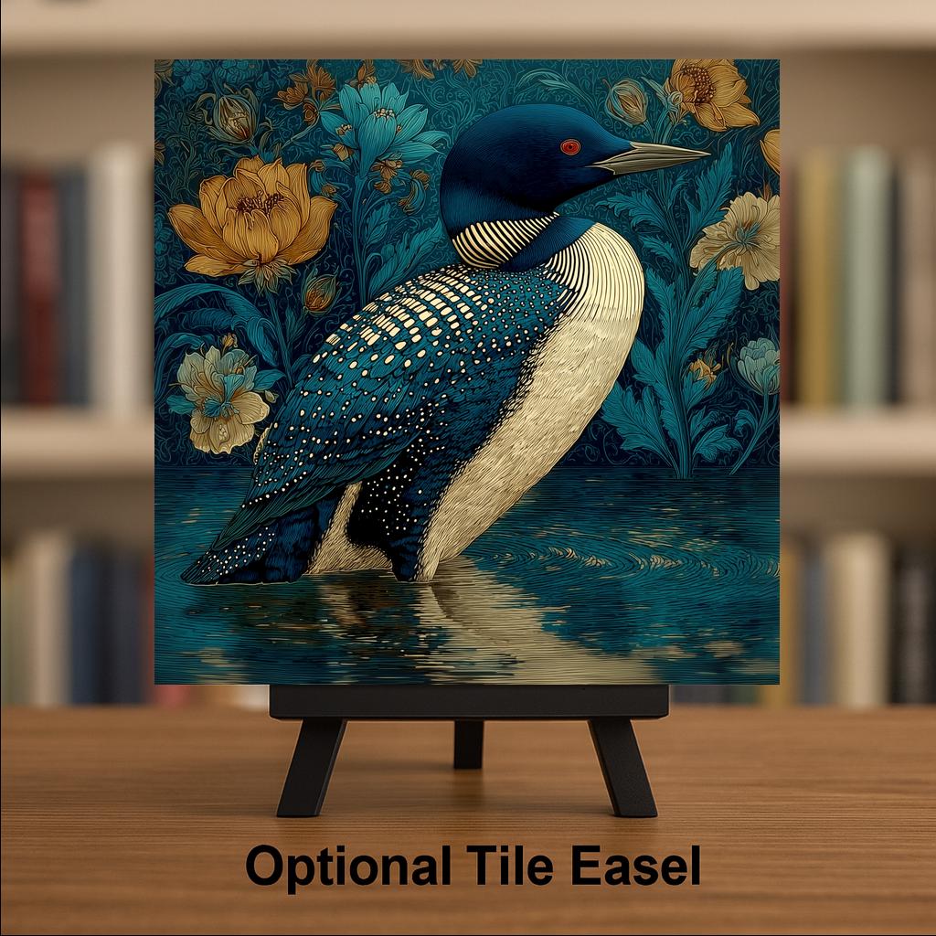 Loon Ceramic Art Tile – Art Nouveau Style, William Morris, Minnesota Lake Gift, Loon Lover Birdwatcher Art