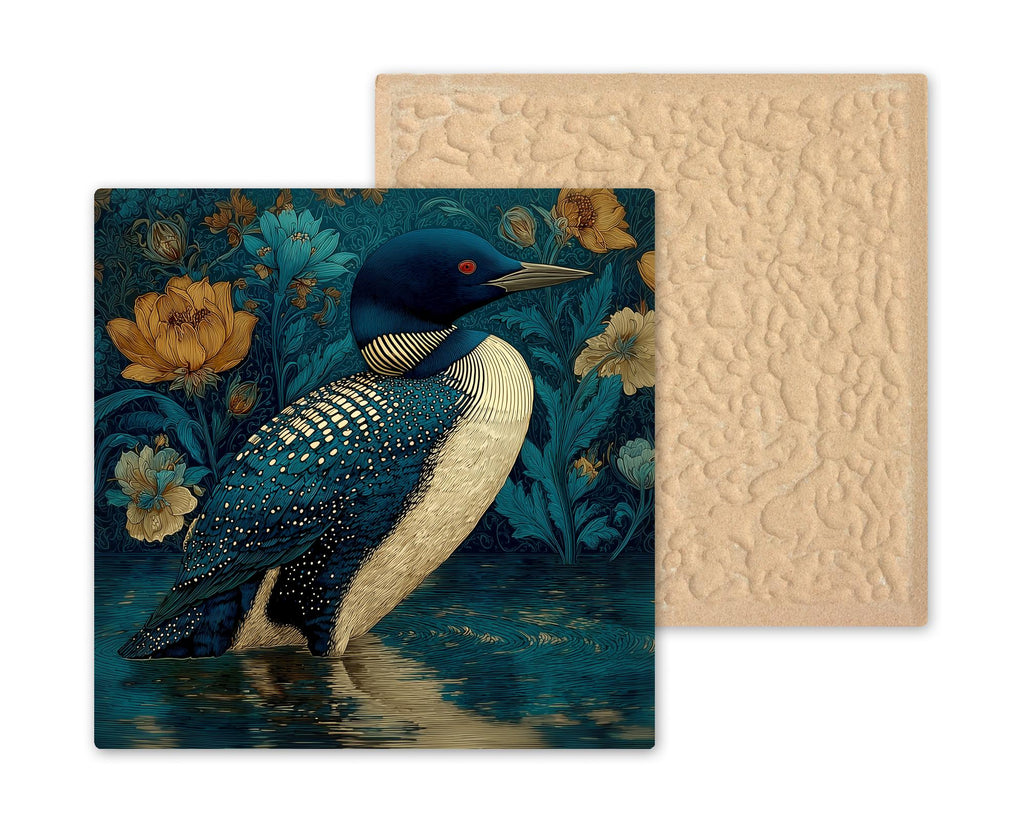 Loon Ceramic Art Tile – Art Nouveau Style, William Morris, Minnesota Lake Gift, Loon Lover Birdwatcher Art