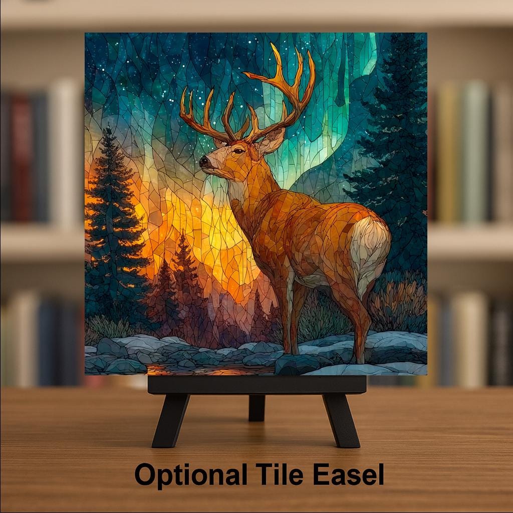 Reindeer Wall Art Ceramic Tile Stained Glass Style Christmas Wildlife Gift Winter Nature Cabin Decor Art