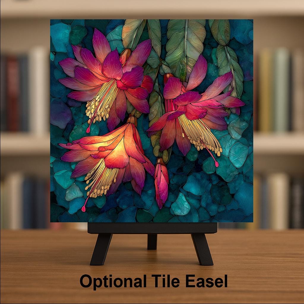 Christmas Cactus Wall Art Ceramic Tile Stained Glass Style Holiday Gift Floral Botanical Southwest Decor