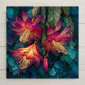 Ceramic art tile depicting a blooming Christmas cactus with vivid magenta and hot pink flowers cascading from deep green segmented pads, rendered in jewel-tone stained glass style against a deep teal background