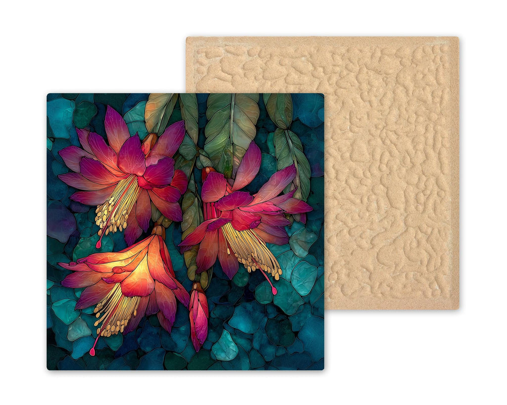 Christmas Cactus Wall Art Ceramic Tile Stained Glass Style Holiday Gift Floral Botanical Southwest Decor