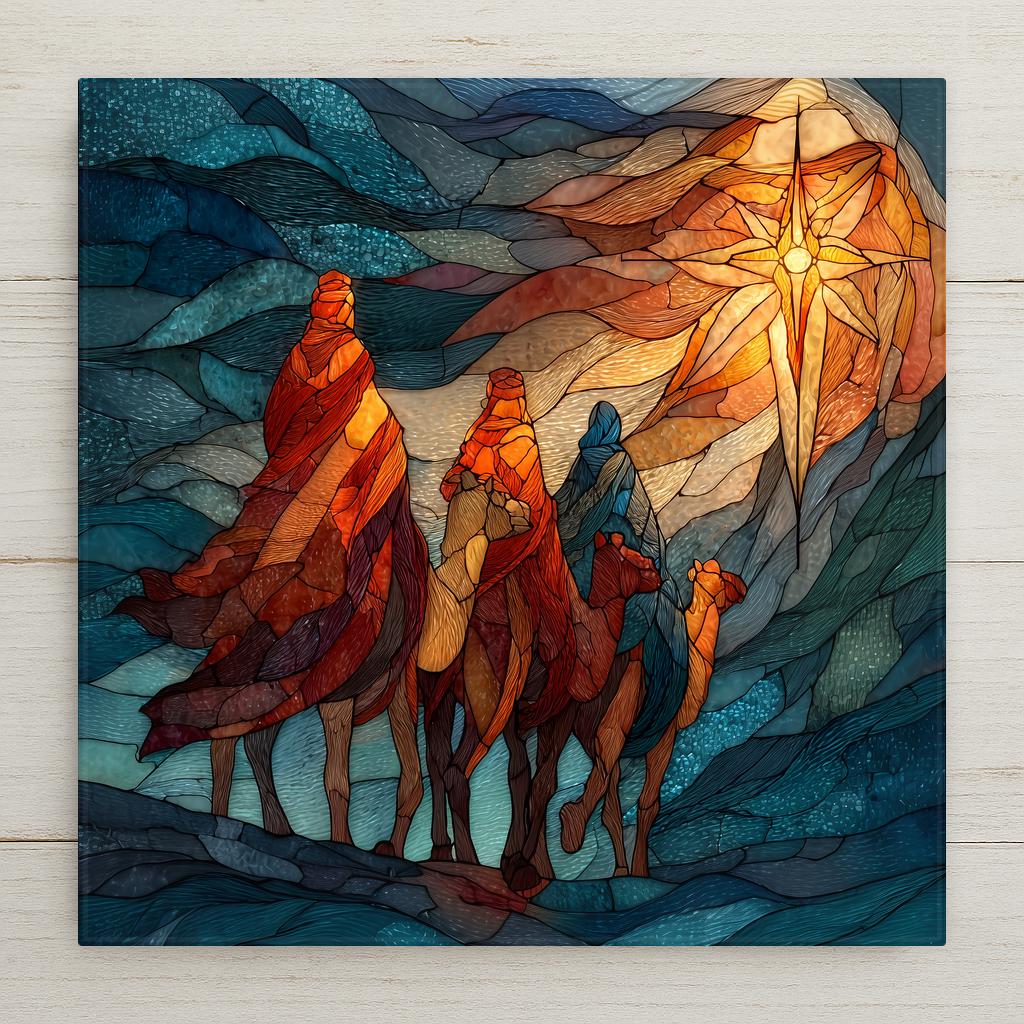 Three wise men ride camels across the desert toward the radiant Star of Bethlehem, rendered in stained-glass-style jewel tones on a ceramic tile beneath a starlit sky.
