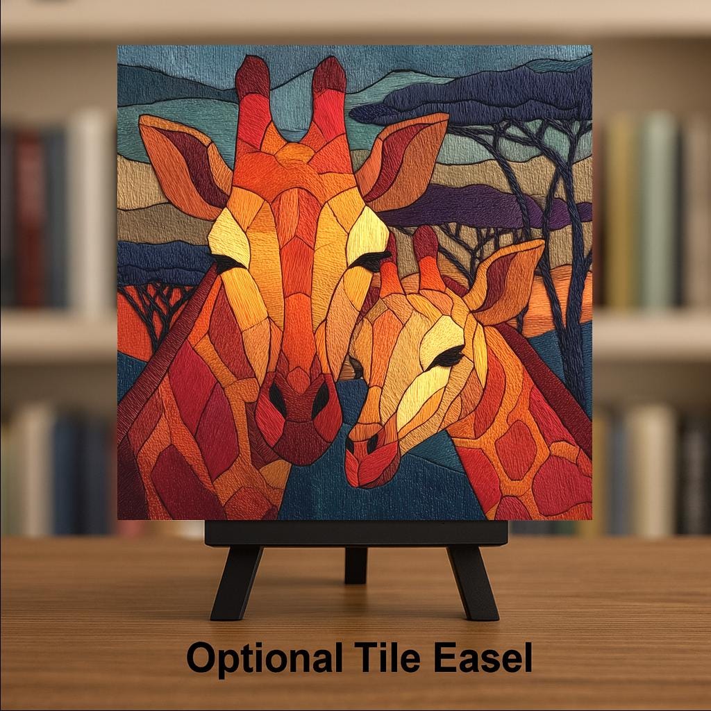 Giraffe Mother Calf Wall Art Ceramic Tile Stained Glass Style Safari Gift African Wildlife Decor Art