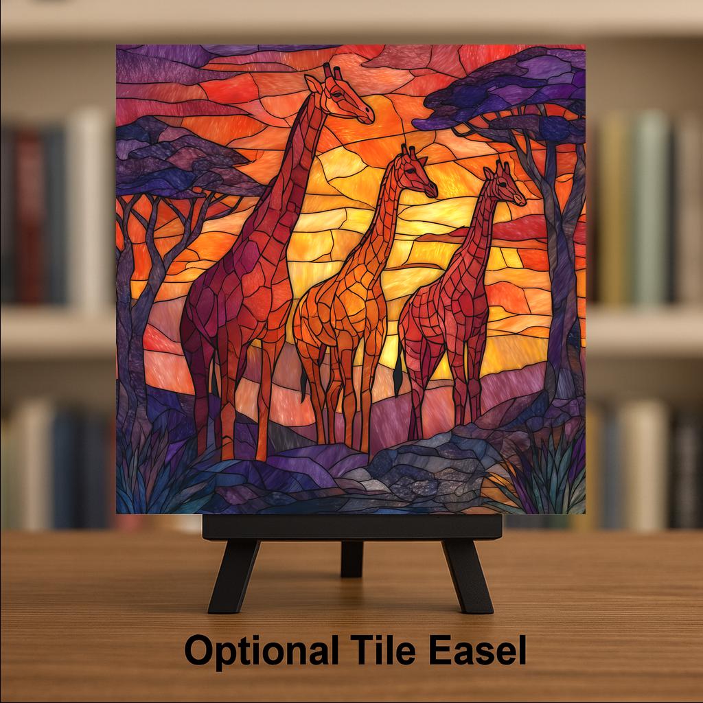 Giraffe Herd Wall Art Ceramic Tile Stained Glass Style Safari Gift African Savanna Wildlife Decor Art