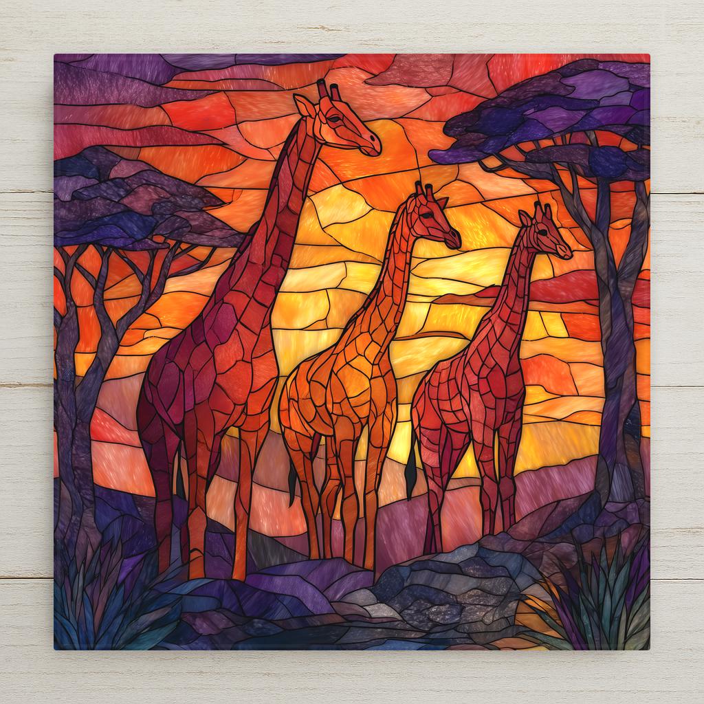 Ceramic art tile depicting a herd of giraffes silhouetted against a blazing orange and purple African sunset on the Serengeti plain, rendered in jewel-tone stained glass style