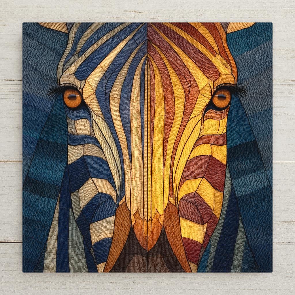 Ceramic art tile depicting a striking zebra portrait with dramatic black and white stripe pattern, rendered in jewel-tone stained glass style against a deep blue background