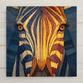 Ceramic art tile depicting a striking zebra portrait with dramatic black and white stripe pattern, rendered in jewel-tone stained glass style against a deep blue background
