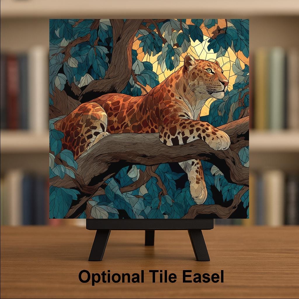 African Leopard in Tree Wall Art Ceramic Tile Stained Glass Style Safari Wildlife Gift Nature Decor Art