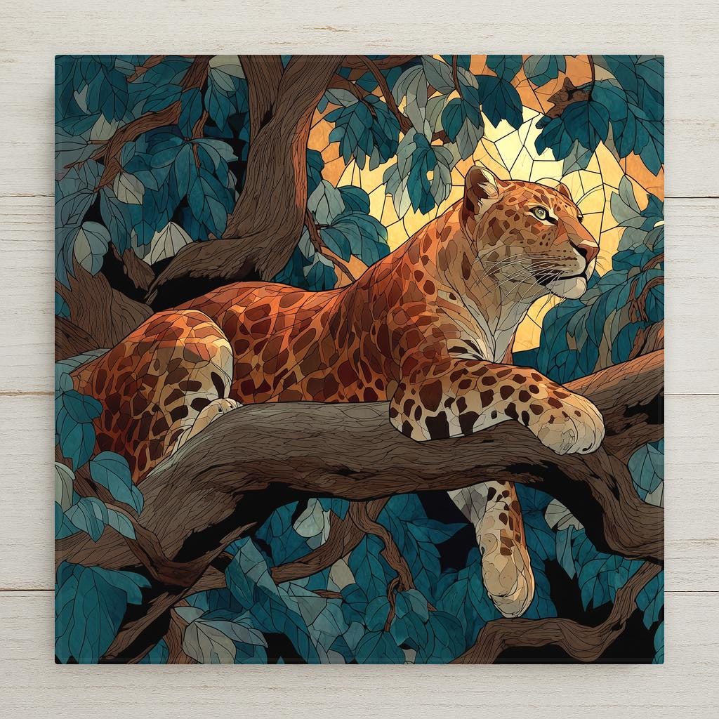 Ceramic art tile depicting an African leopard draped across a tree branch with distinctive spotted coat, rendered in jewel-tone stained glass style with dappled golden light through tree canopy