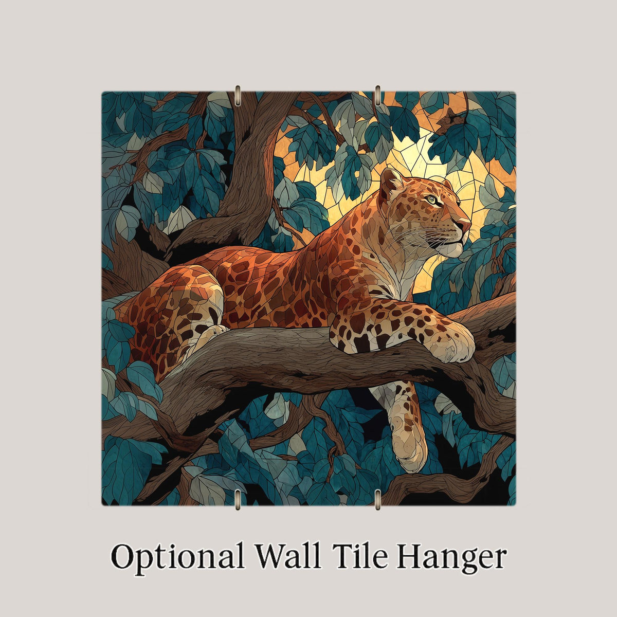 African Leopard in Tree Wall Art Ceramic Tile Stained Glass Style Safari Wildlife Gift Nature Decor Art
