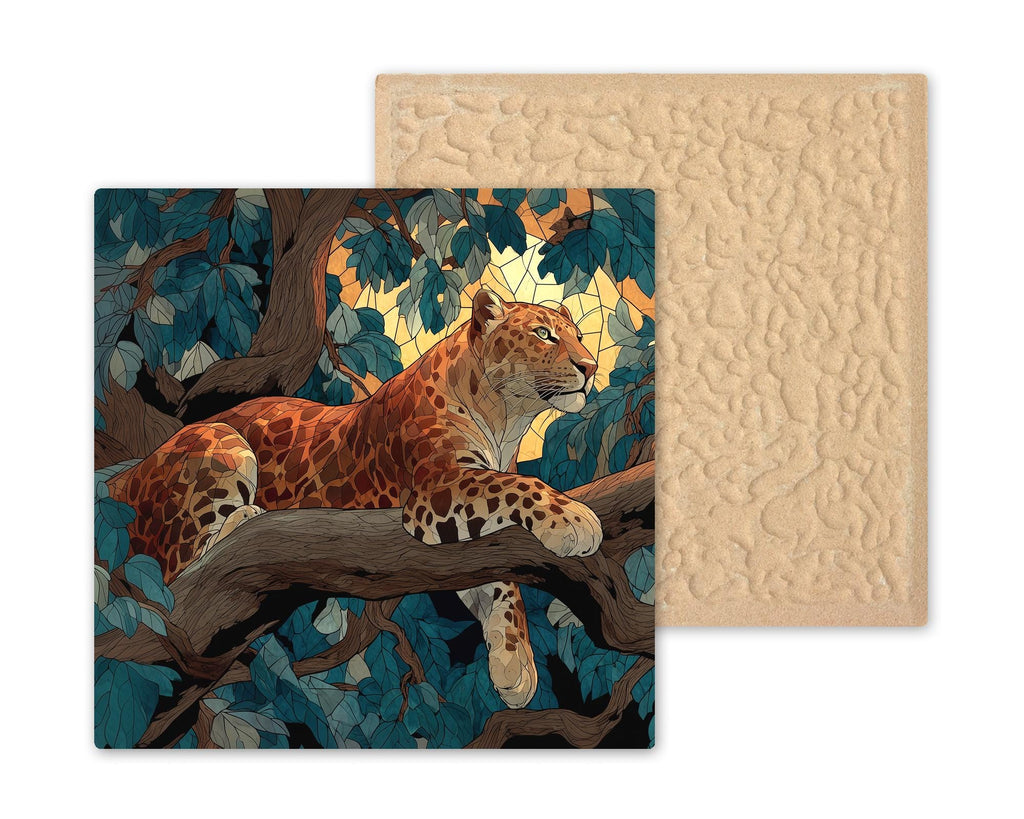African Leopard in Tree Wall Art Ceramic Tile Stained Glass Style Safari Wildlife Gift Nature Decor Art