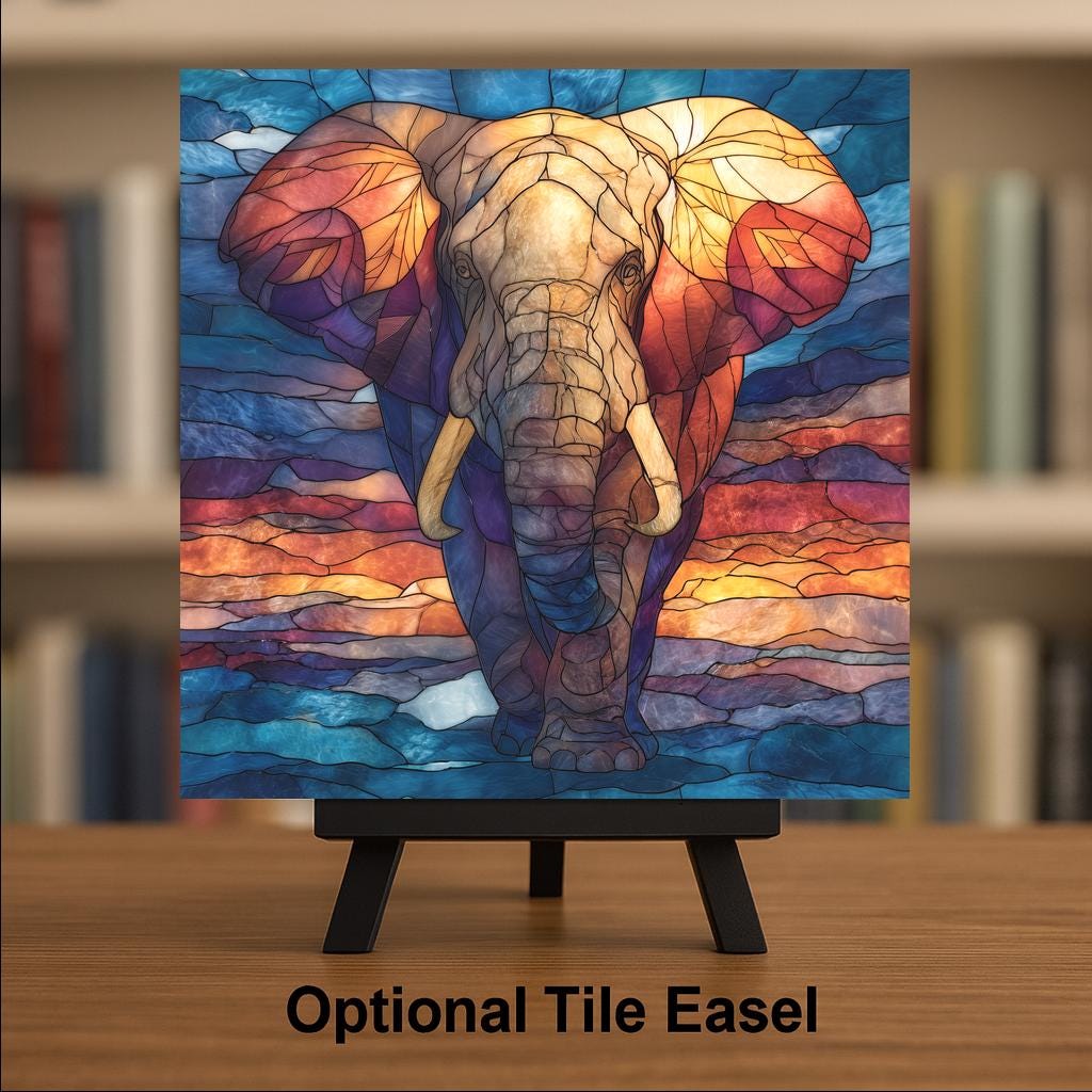African Elephant Bull Wall Art Ceramic Tile Stained Glass Style Safari Wildlife Gift Nature Decor Art