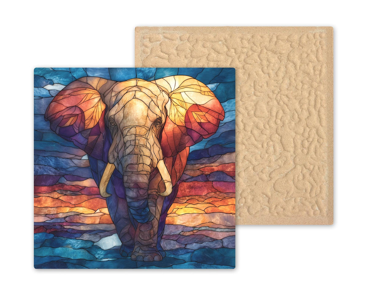 African Elephant Bull Wall Art Ceramic Tile Stained Glass Style Safari Wildlife Gift Nature Decor Art